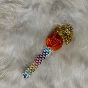 Orange Satin Rolled flower and sequin bow on Rainbow FOE Headband  7571  Handmad